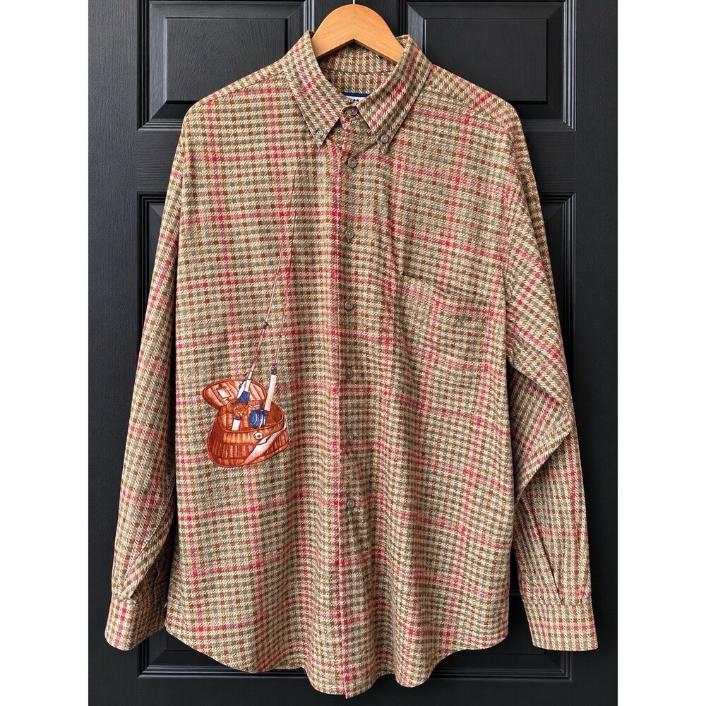 Ruff Hewn Men's Large Vintage Fishing Graphic Plaid Button Down Shirt